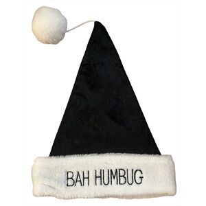 Christmas Santa Hat Black & White BAH HUMBUG Hat 15x12 NEW W Tags Pom Pom